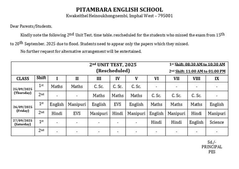 2nd Unit Test, Time Table, 2025 - Reschedule . | PDF