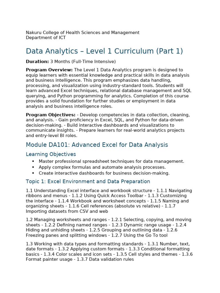 Data Analytics Level 1 Curriculum Guide | PDF | Databases | Microsoft Excel