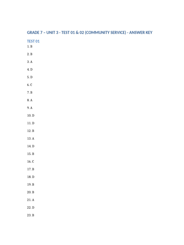 Grade 7 Community Service Test Answers | PDF