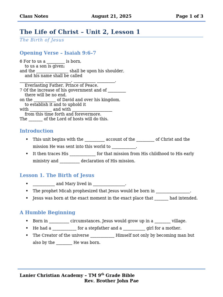 The Life of Christ - Unit 2 Lesson 1 - Student Handout | PDF | God In ...