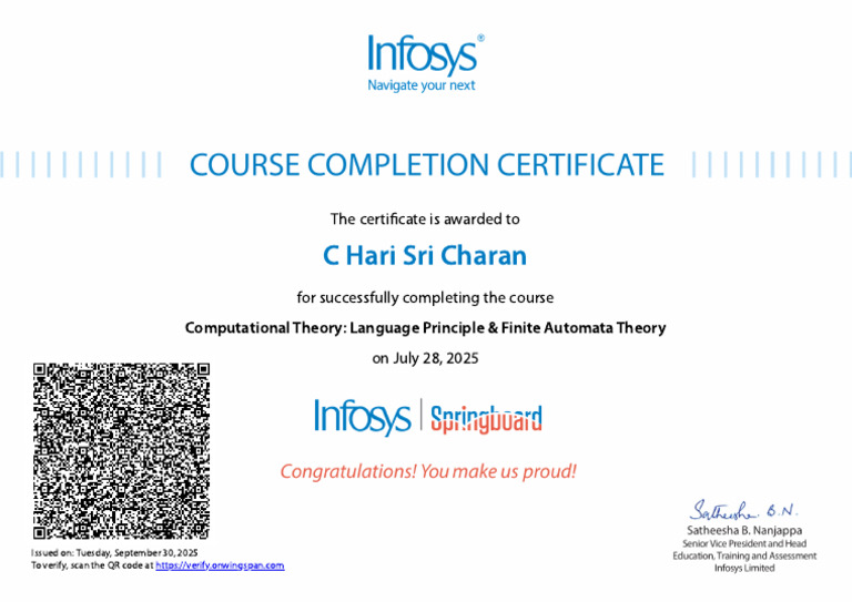 C Hari Sri Charan: The Certificate Is Awarded To | PDF