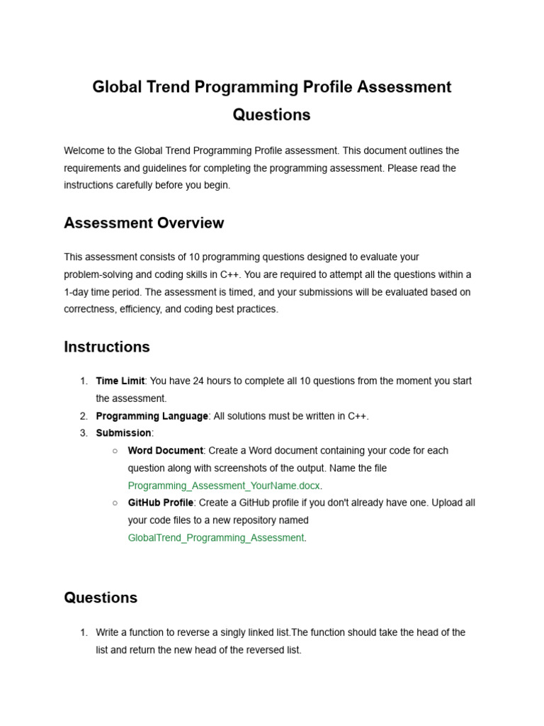 Global Trend C++ Programming Profile Assessment Questions | PDF ...
