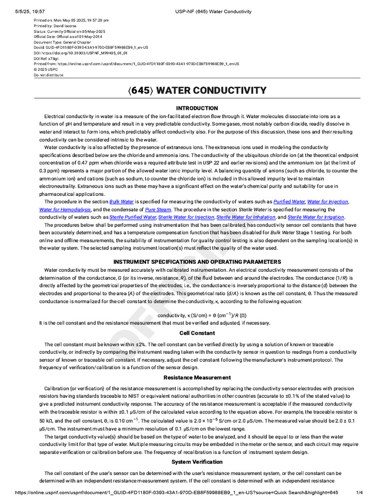 USP 645: Water Conductivity Standards | PDF | Ion | Calibration