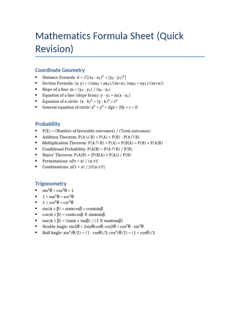 Essential Math Formulas for Quick Revision | PDF
