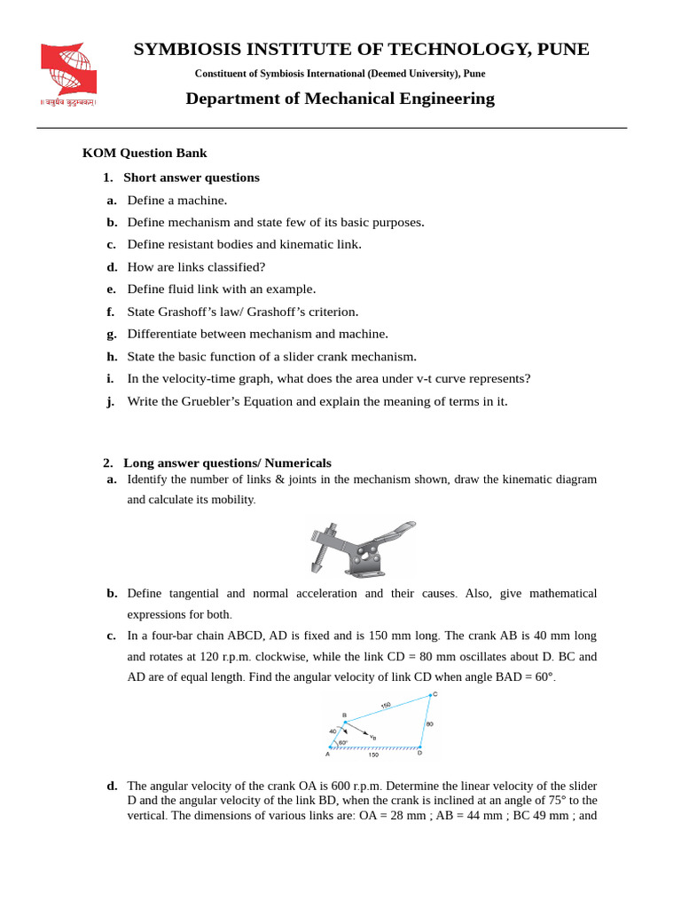 Mechanical Engineering KOM Question Bank | PDF | Velocity | Kinematics