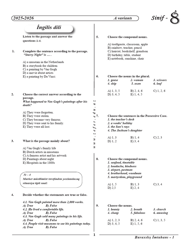 8th Grade English Exam: 2025-2026 | PDF