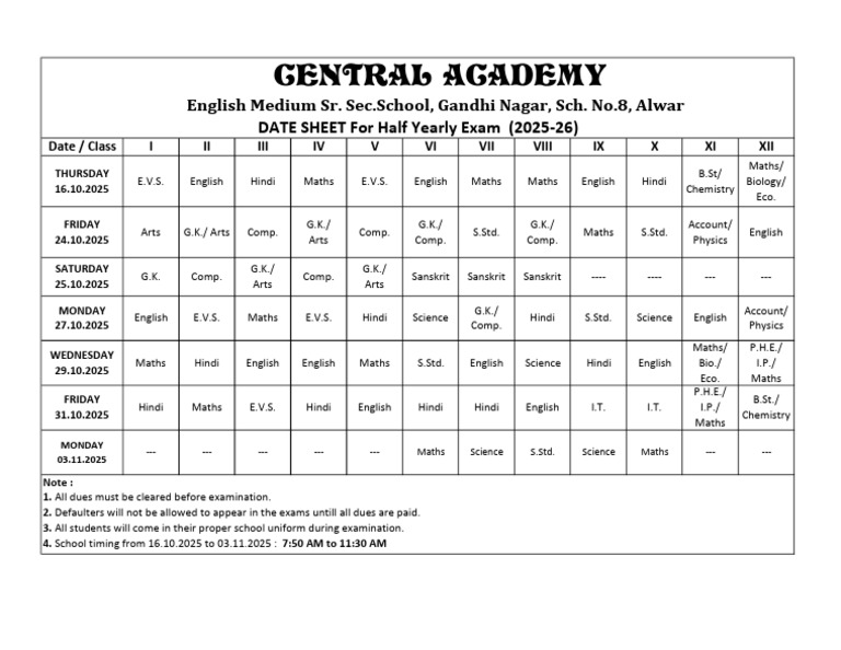 2025-26 Half Yearly Exam Schedule | PDF
