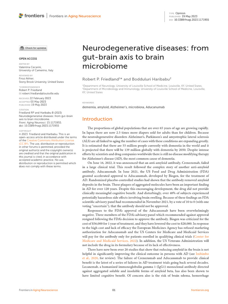 Neurodegenerative Diseases From Gutbrain Axis To Brain Microbiome | PDF ...