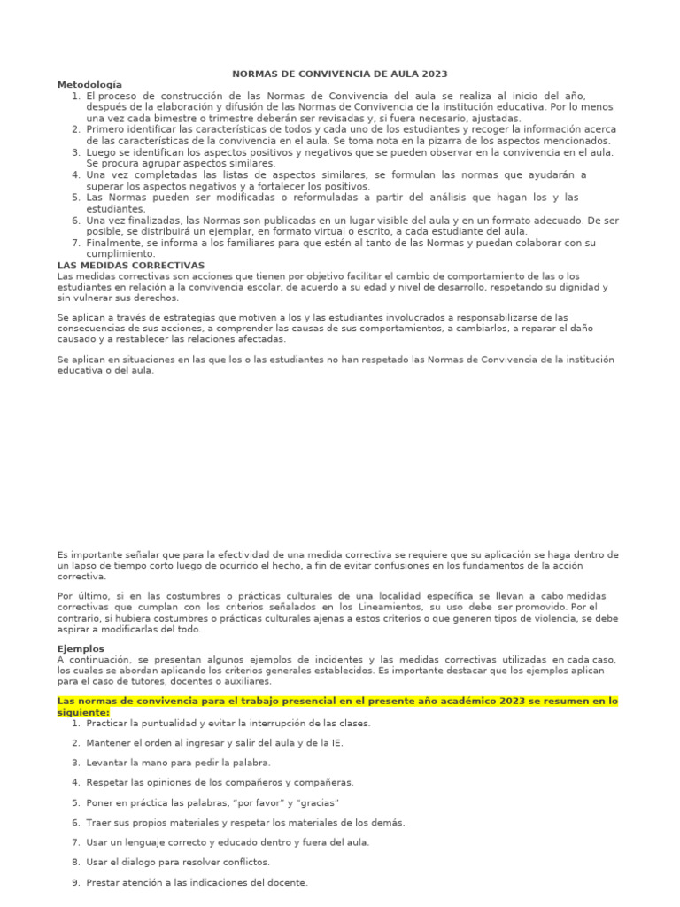 Normas de Convivencia 2023 en Aula | PDF | Salón de clases | Maestros