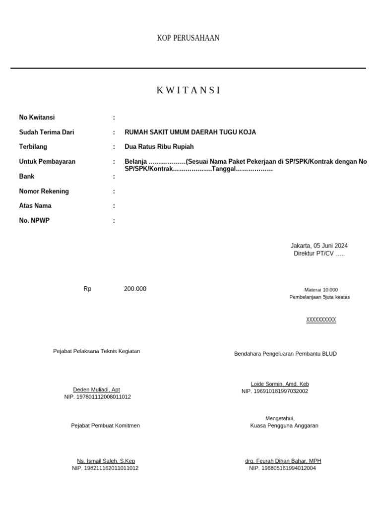 Kwitansi Pembayaran Rumah Sakit Tugu Koja | PDF
