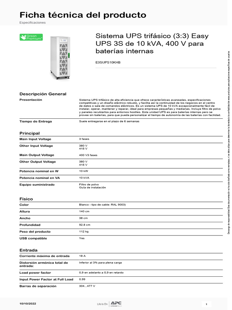 UPS Trifásico 10 kVA E3SUPS10KHB | PDF | Energia electrica | Electricidad