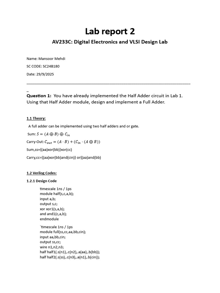 Full Adder and MUX Design in Verilog | PDF | Electrical Circuits ...