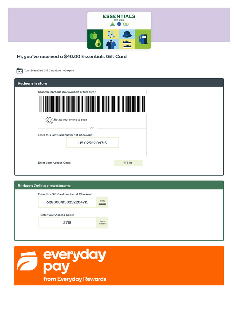 $40 Essentials Gift Card Details | PDF