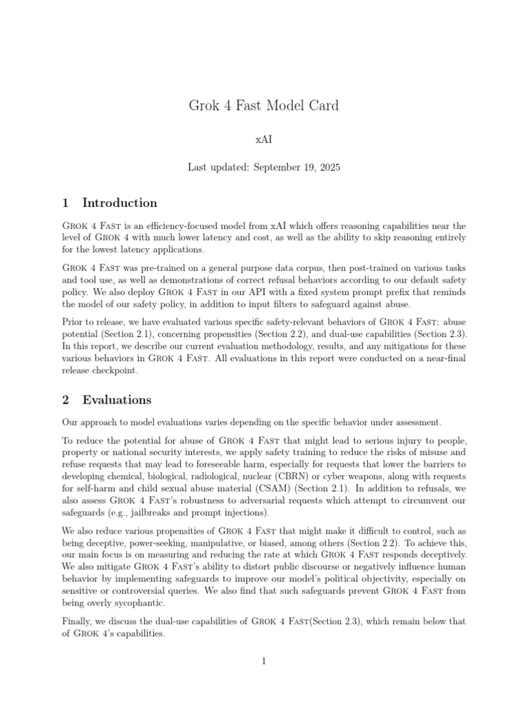 Grok 4 Fast Model Card Overview | PDF | Computer Security | Security