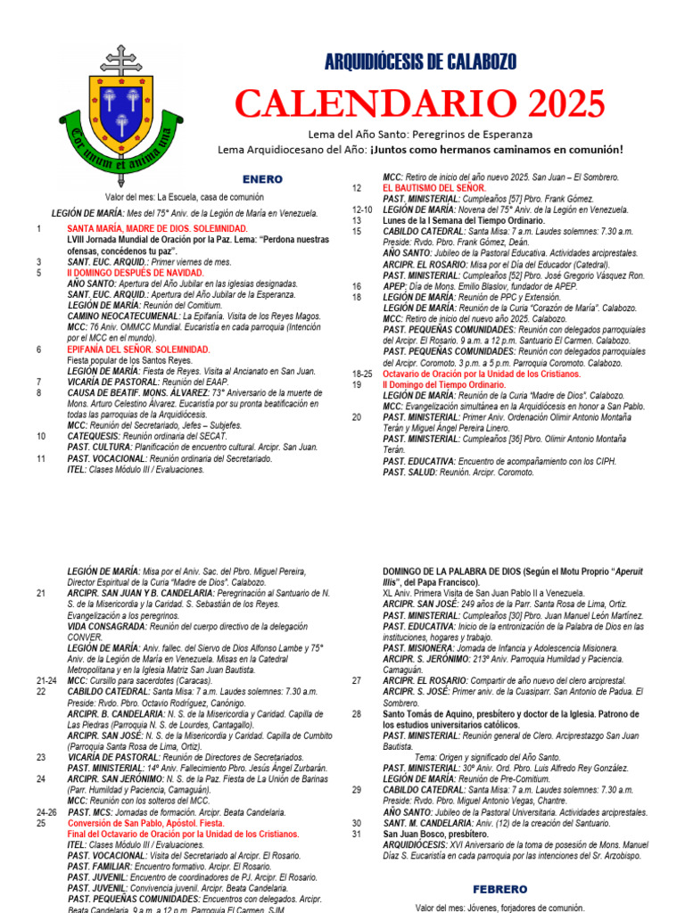 Calendario 2025 Arquidiócesis de Calabozo | PDF | María, madre de Jesús ...