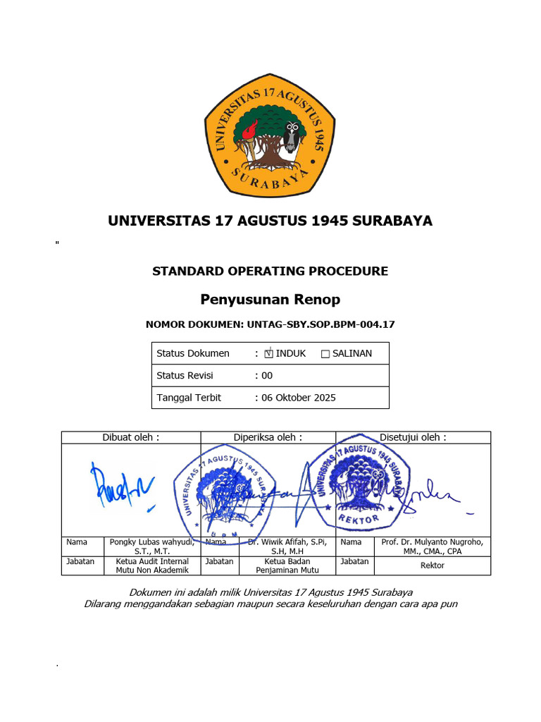 SOP Penyusunan Renop Universitas 17 Agustus | PDF