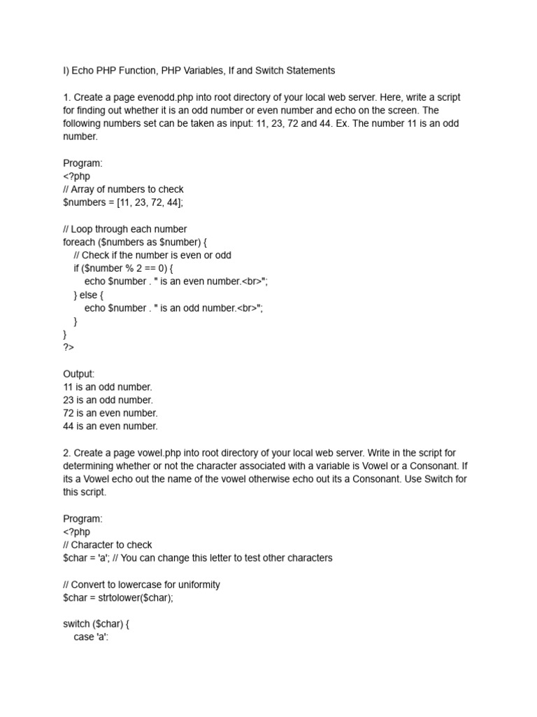 PHP Even Odd and Vowel Checker Scripts | PDF