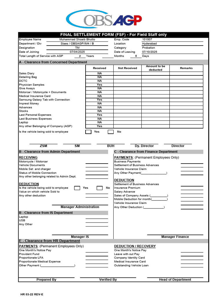 Final Settlement Form for Employees | PDF | Financial Services