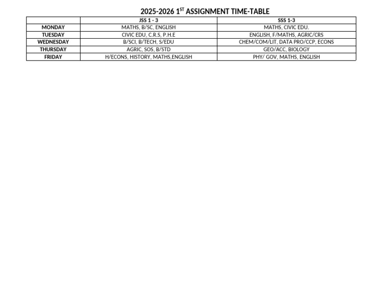 2025-2026 School Assignment Timetable | PDF