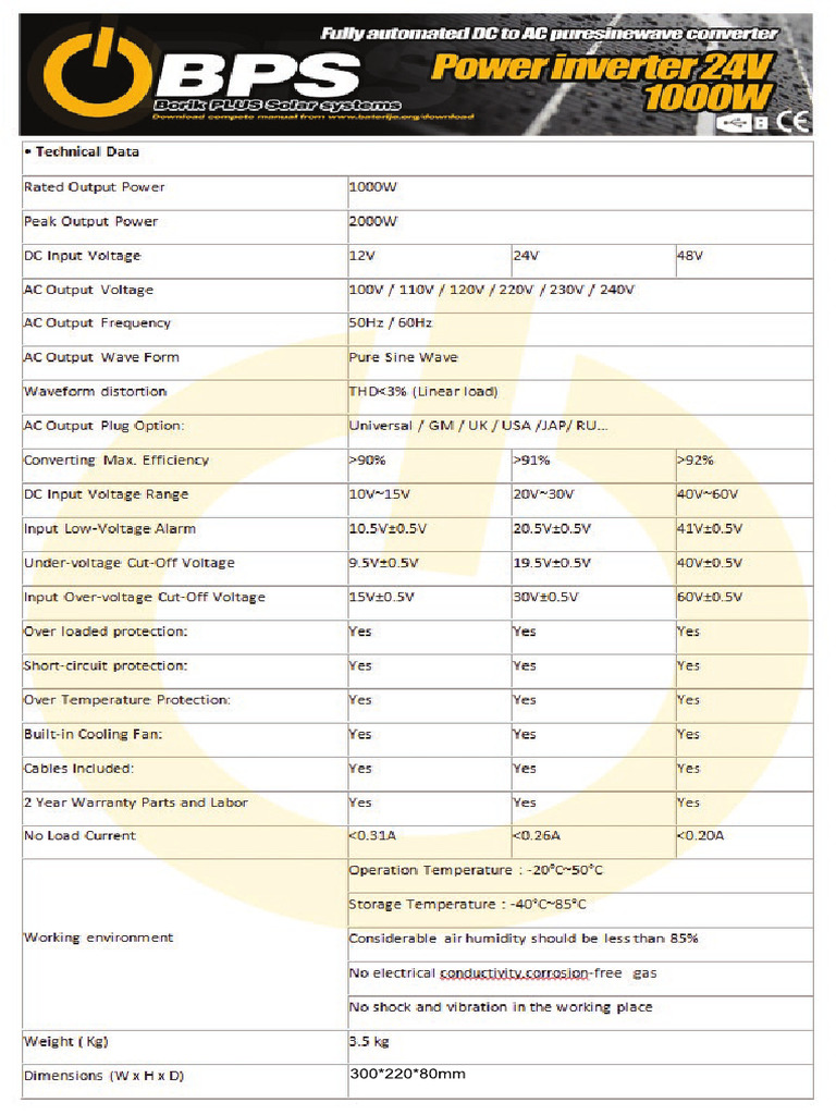 Data Sheet BPS 1000W Puresine Inverter | PDF