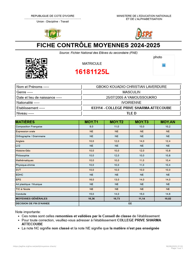 Fiche de Contrôle des Moyennes 2024-2025 | PDF