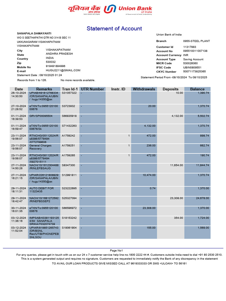 Union Bank Account Statement 2025 | PDF | Financial Services