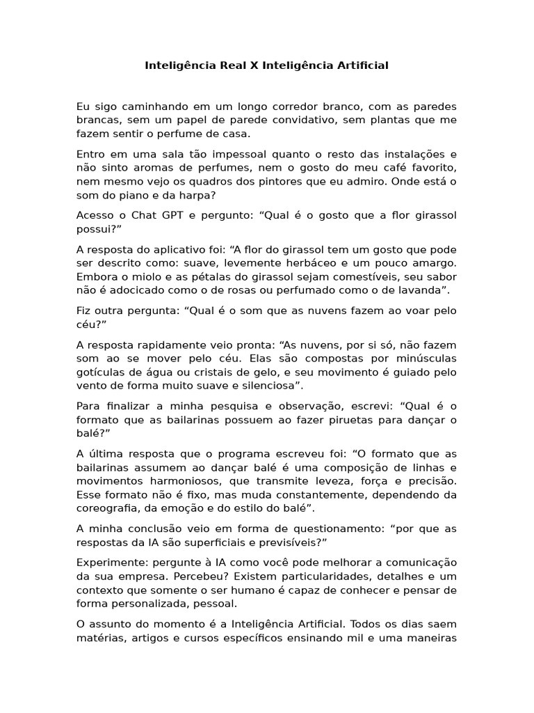 Diferenças entre Inteligência Real e IA | PDF | Inteligência artificial ...