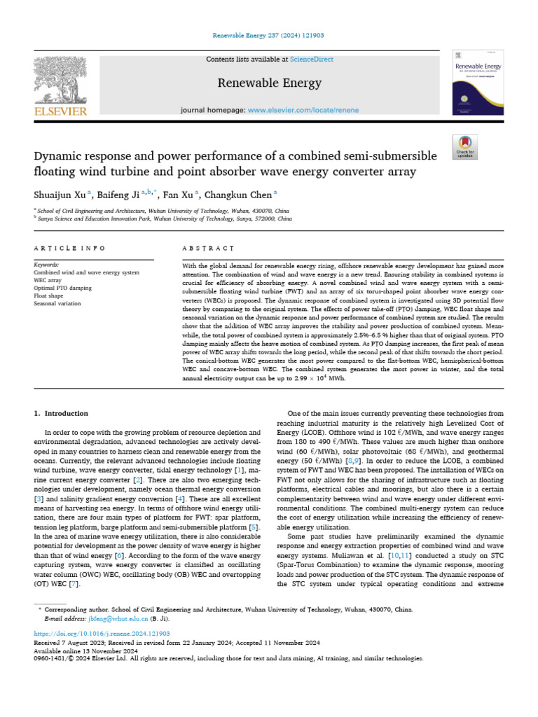 Dynamic Response and Power Performance of A Combined Semi-Submersible ...