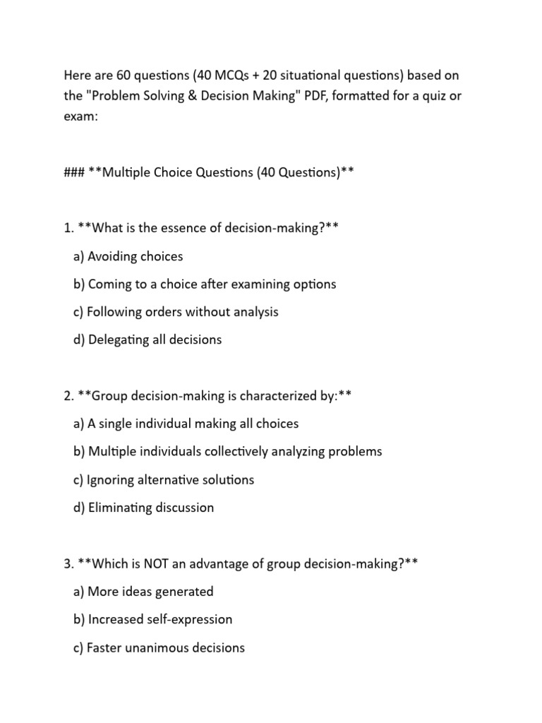 Problem Solving & Decision Making Quiz | PDF | Decision Making ...
