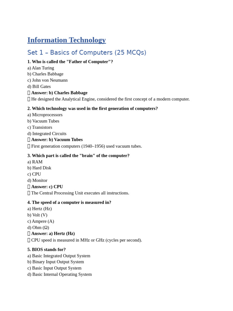 Computer Basics: 75 MCQs on IT | PDF | World Wide Web | Internet & Web