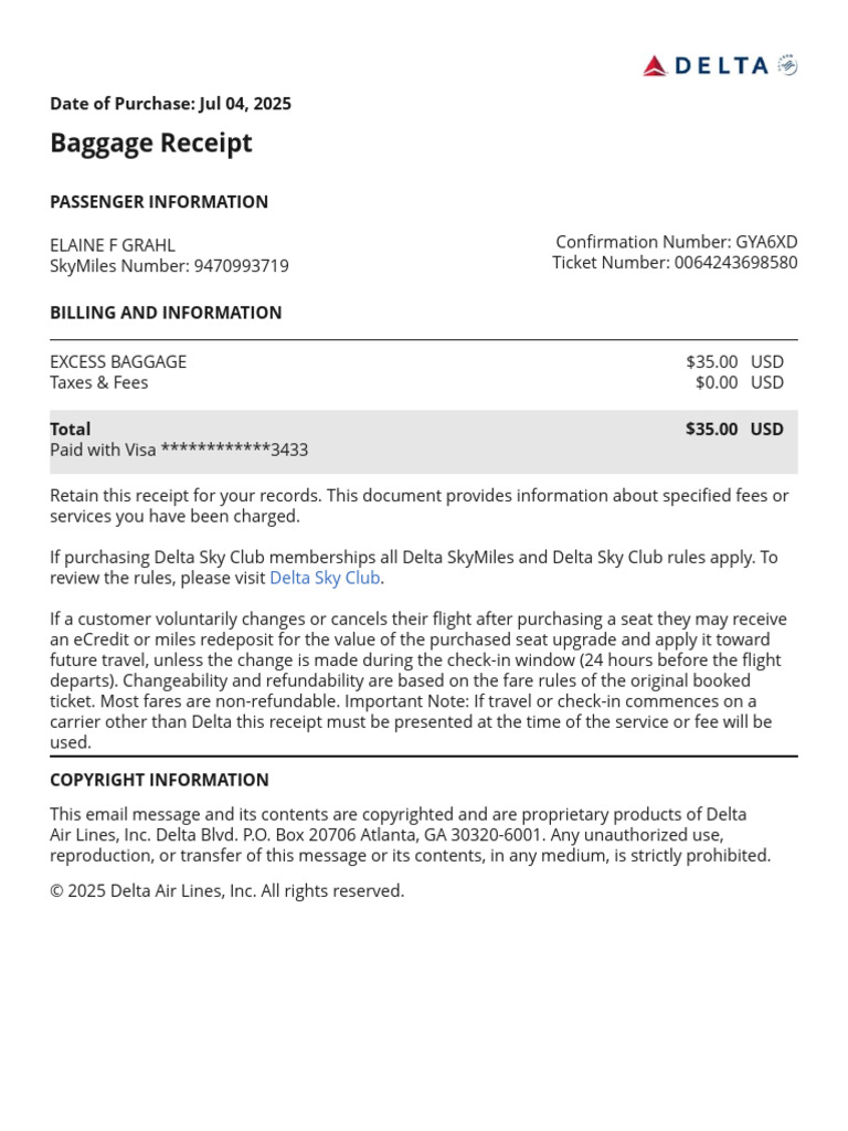 Delta Baggage Receipt - July 2025 | PDF