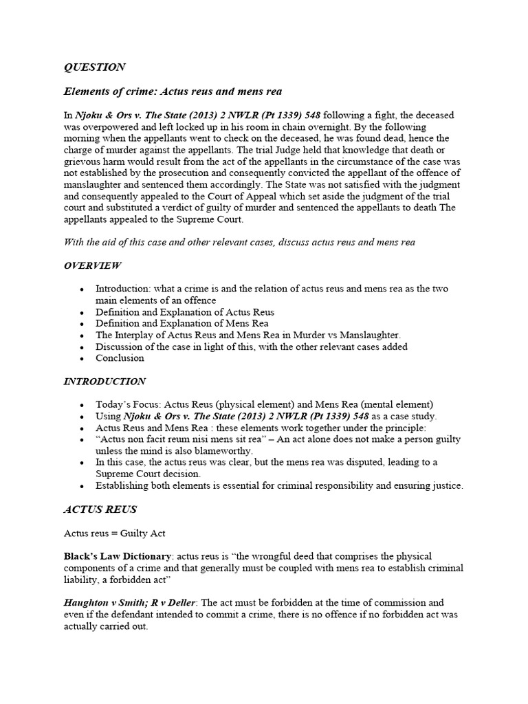 Actus Reus and Mens Rea in Murder Cases | PDF | Mens Rea | Criminal Law