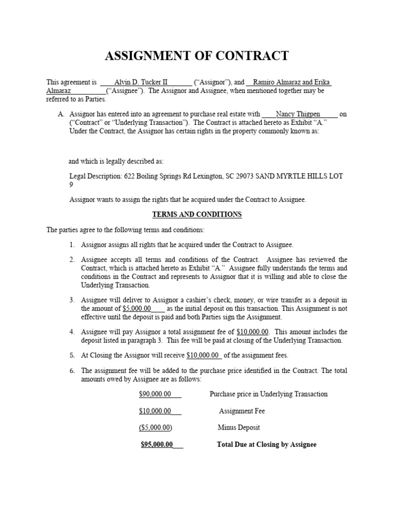 Real Estate Contract Assignment Agreement | PDF | Assignment (Law ...