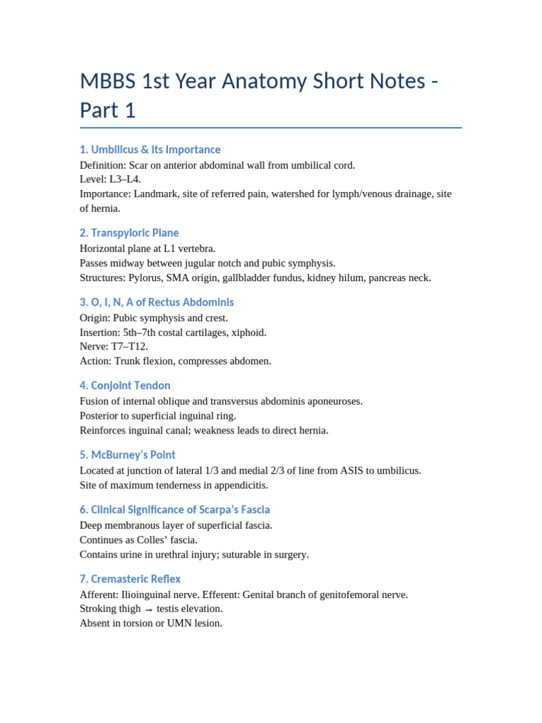 Anatomy Short Notes Part 1 | PDF