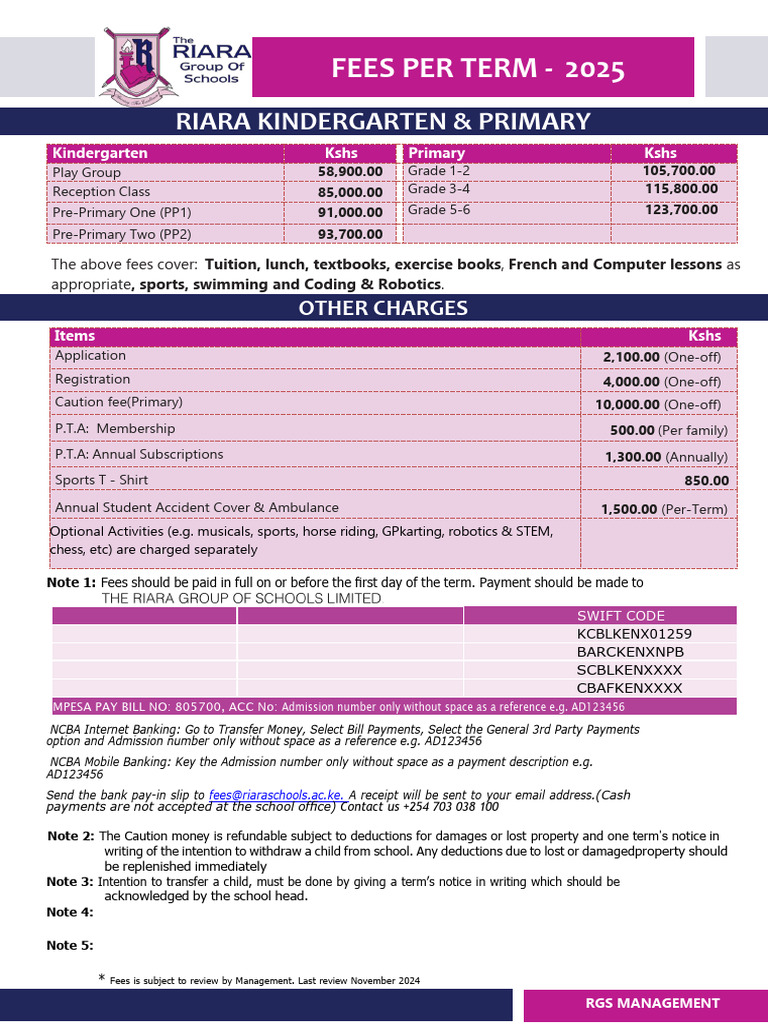 Riara School Fees Structure 2025 | PDF | Nairobi | Fee