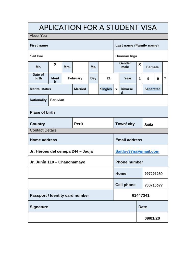 Aplication For A Student Visa | PDF