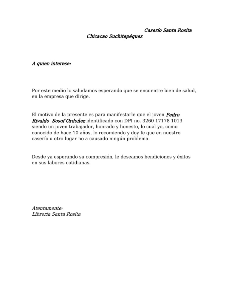 Recomendación de Pedro Rivaldo Sosof | PDF