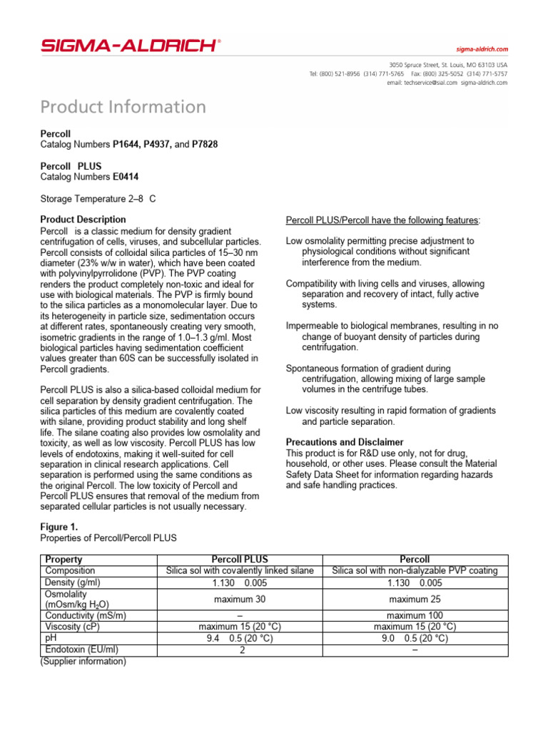 Percoll and Percoll PLUS Overview | PDF | Centrifugation | Silicon Dioxide