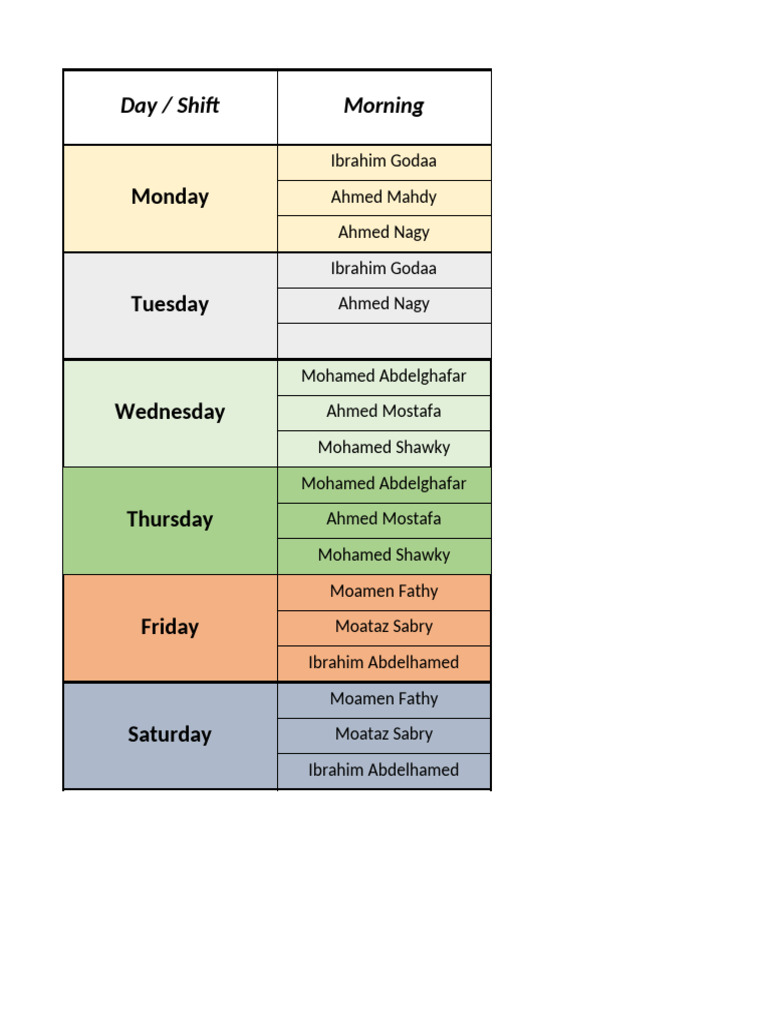 Manpower Shifts Eid Week | PDF