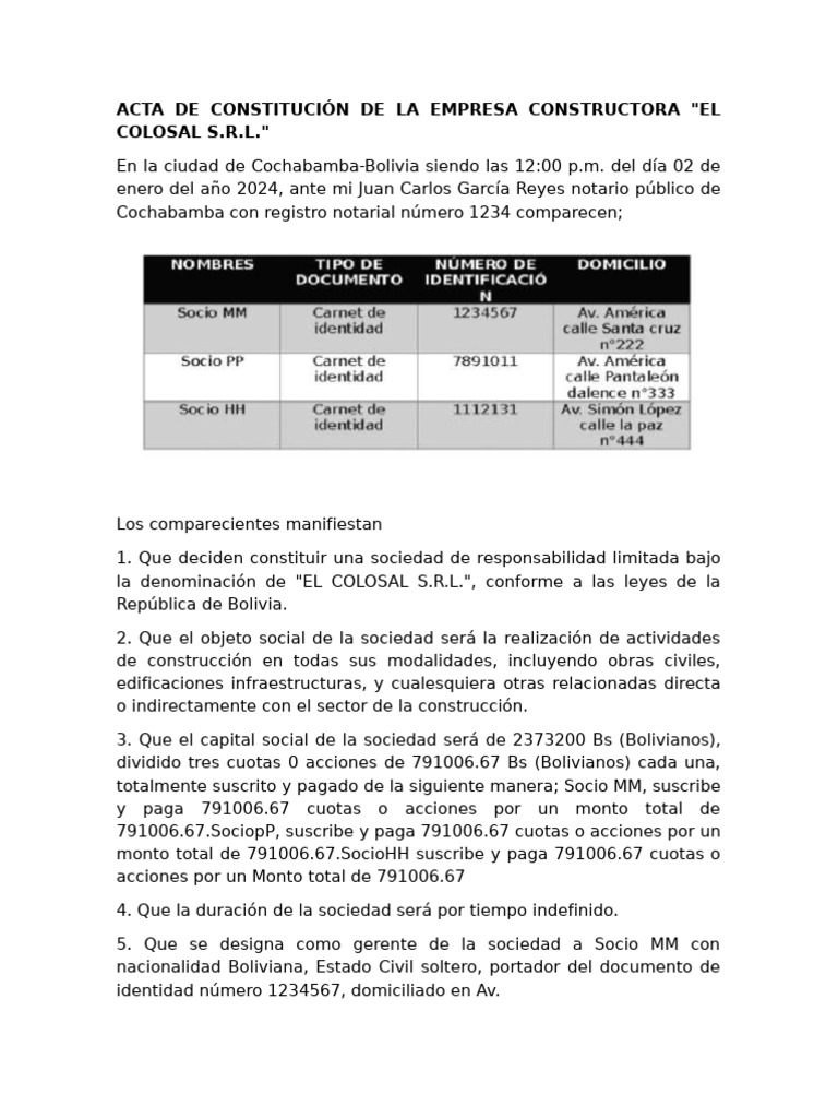 Acta de Constitución de La Empresa Constructora "El Colosal S.R.L." | PDF