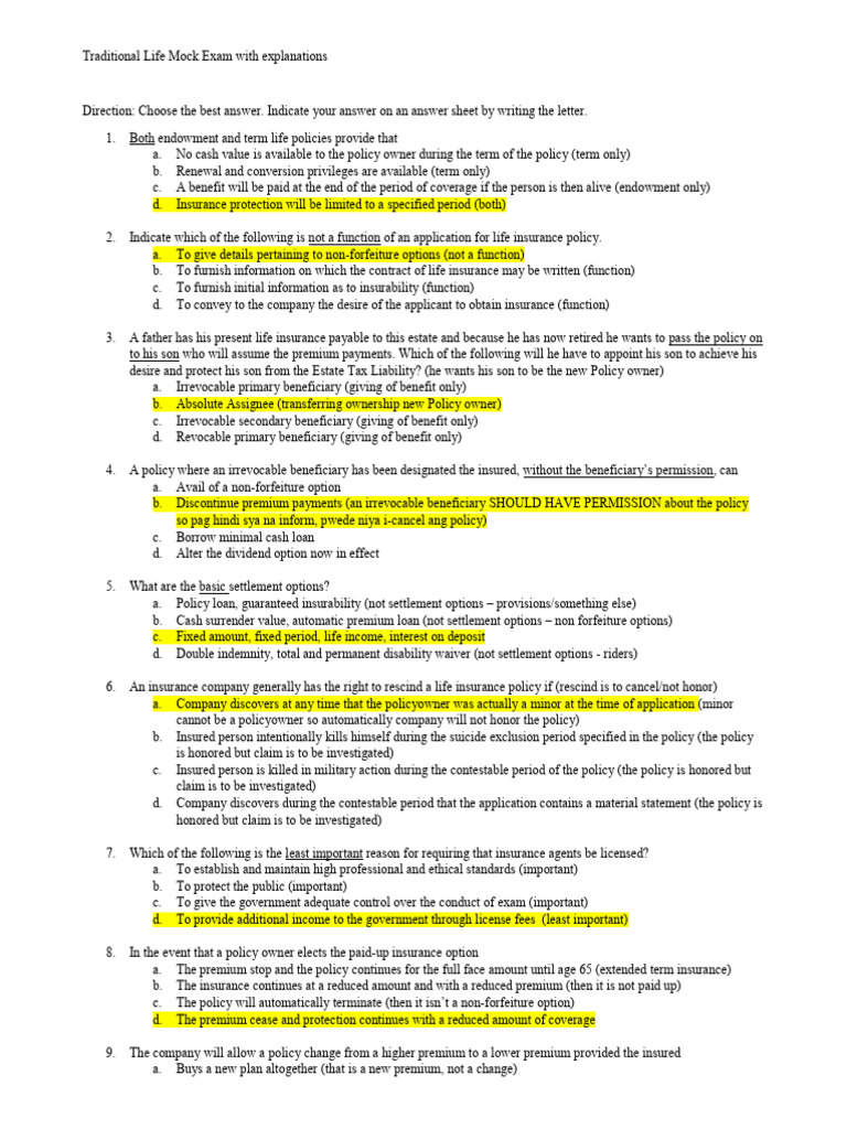 Life Insurance Mock Exam with Answers | PDF | Insurance | Life Insurance