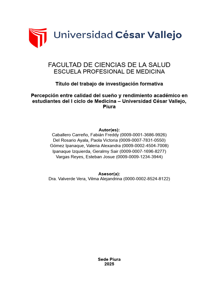 Percepción Entre Calidad Del Sueño y Rendimiento Académico en ...