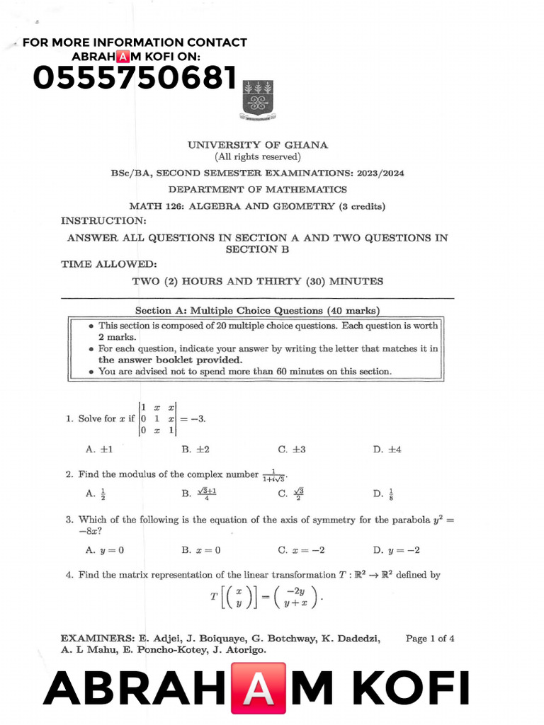 Abraham Kofi - Maths126 - 2023-24 | PDF | Algebra | Mathematical Concepts