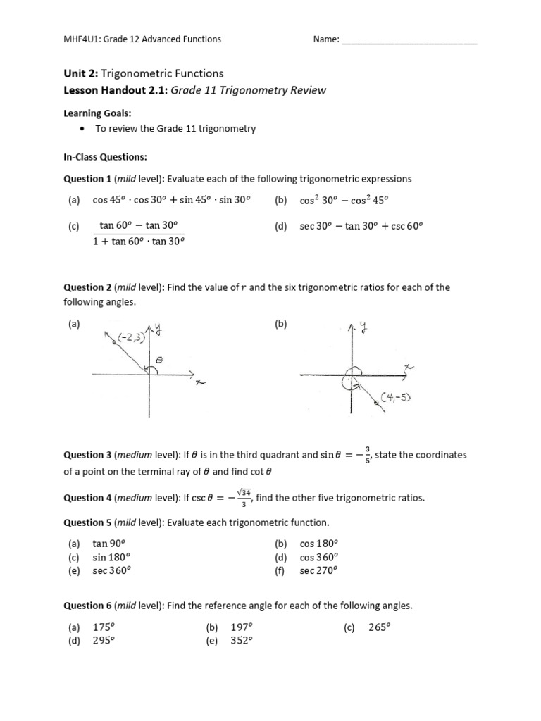 Grade 12 Trigonometric Functions Review | PDF | Trigonometry | Angle