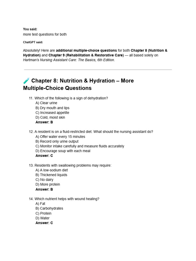 Nutrition & Hydration Quiz Answers | PDF | Dehydration | Medical ...