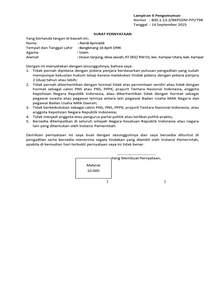 Lampiran III Surat Pernyataan 5 Poin Randi | PDF
