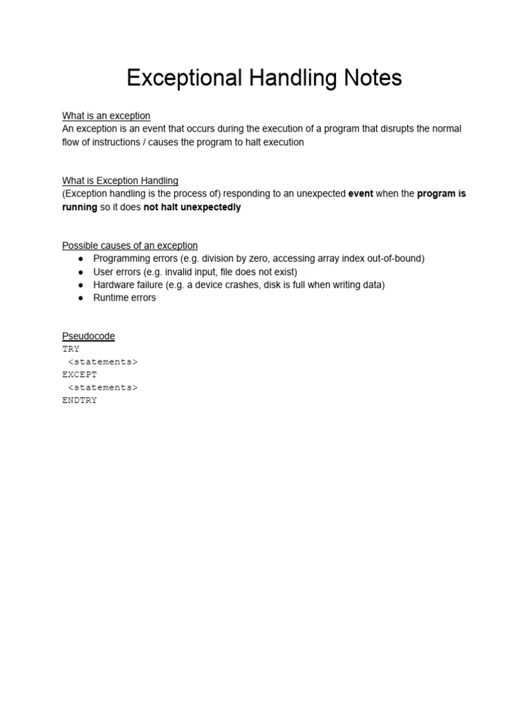 Exceptional Handling Notes - A2 CS | PDF