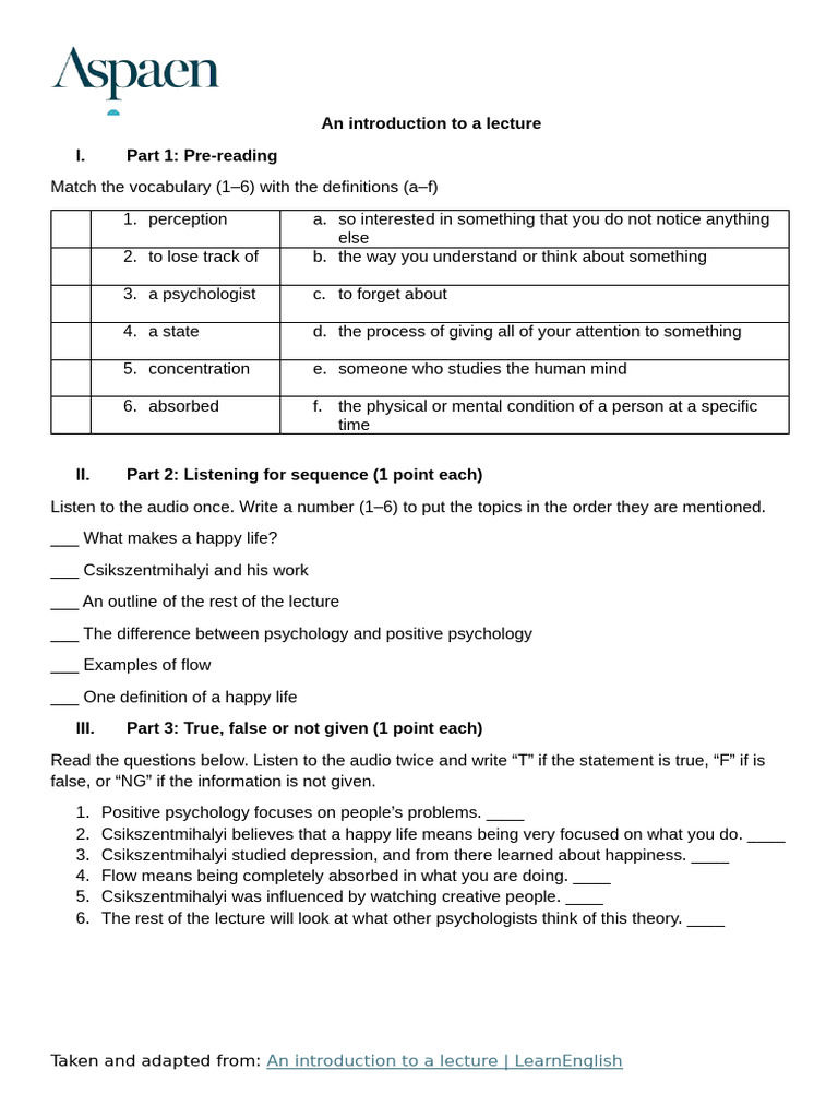 S8 Listening Exercise An Introduction To A Lecture | PDF