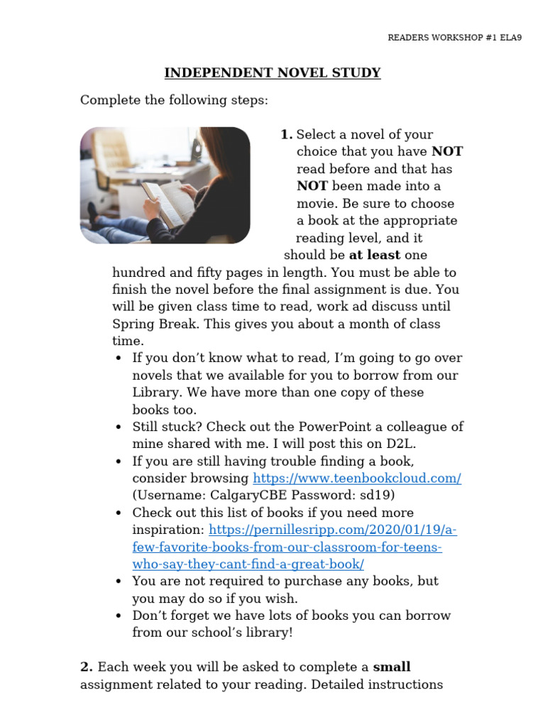 ELA9 Independent Novel Study Guide | PDF