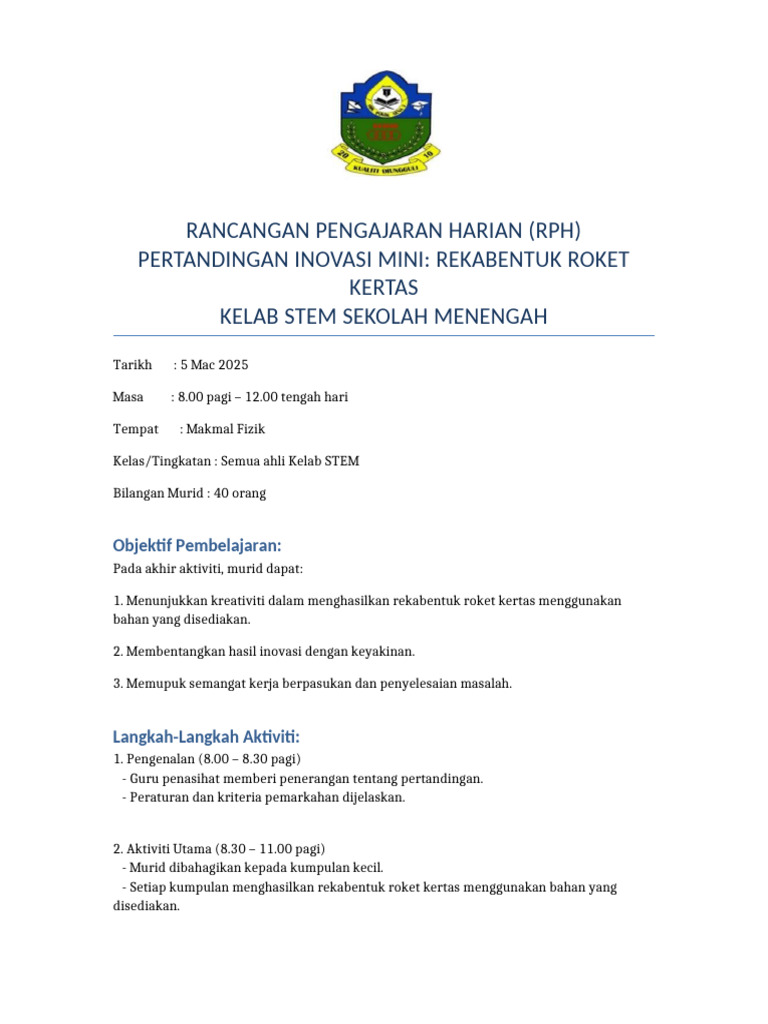 RPH Pertandingan Inovasi Mini Roket Kertas | PDF